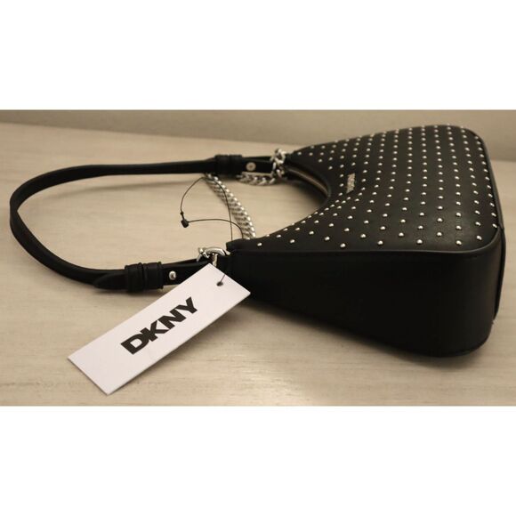 DKNY R53EQH58 Women's O/S Black PU Leather Studded Lee Shoulder Bag w/Chain - Picture 12 of 16